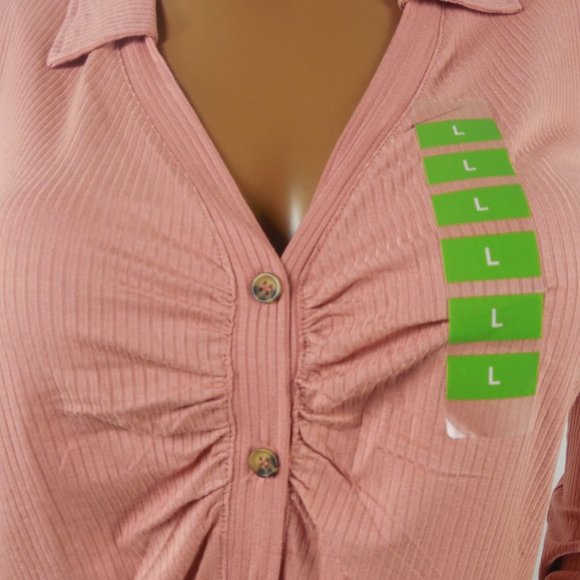 STEVE MADDEN Top L New $59 Button Down Blouse Pink Rose Stretch V-Neck Long Slvs - Picture 5 of 9